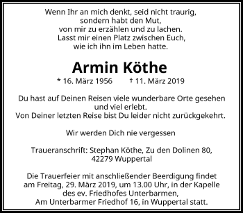 Traueranzeige von Armin Köthe von trauer.wuppertaler-rundschau.de