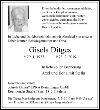Traueranzeige von Gisela Ditges von trauer.extra-tipp-moenchengladbach.de