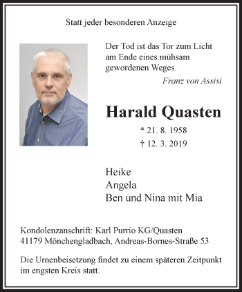 Traueranzeige von Harald Quasten von trauer.extra-tipp-moenchengladbach.de