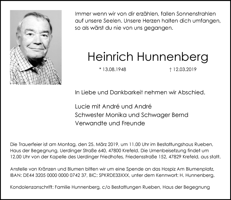  Traueranzeige für Heinrich Hunnenberg vom 17.03.2019 aus trauer.mein.krefeld.de