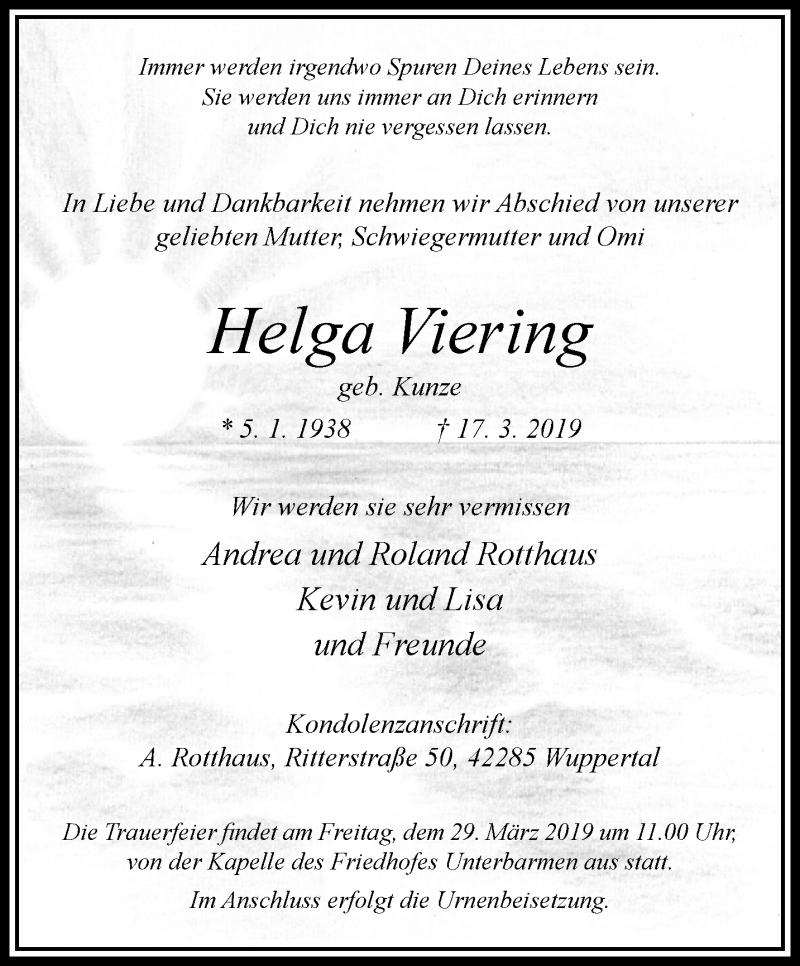  Traueranzeige für Helga Viering vom 23.03.2019 aus trauer.wuppertaler-rundschau.de