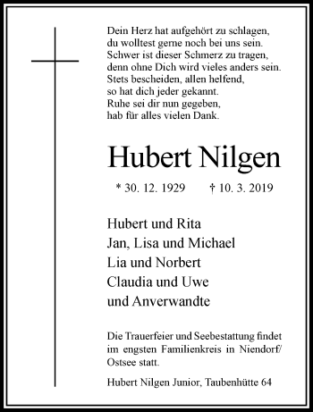 Traueranzeige von Hubert Nilgen von trauer.extra-tipp-moenchengladbach.de
