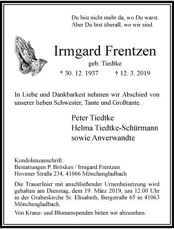 Traueranzeige von Irmgard Frentzen von trauer.extra-tipp-moenchengladbach.de