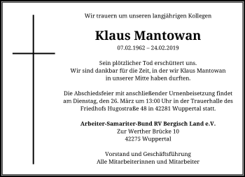 Traueranzeige von Klaus Mantowan von trauer.wuppertaler-rundschau.de