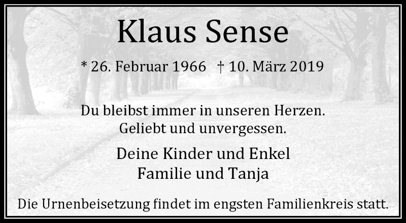  Traueranzeige für Klaus Sense vom 17.03.2019 aus trauer.extra-tipp-moenchengladbach.de