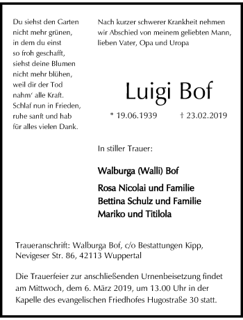 Traueranzeige von Luigi Bof von trauer.wuppertaler-rundschau.de