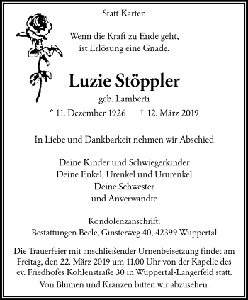 Traueranzeige von Luzie Stöppler von trauer.wuppertaler-rundschau.de