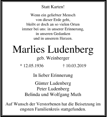 Traueranzeige von Marlies Ludenberg von trauer.wuppertaler-rundschau.de