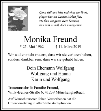Traueranzeige von Monika Freund von trauer.extra-tipp-moenchengladbach.de