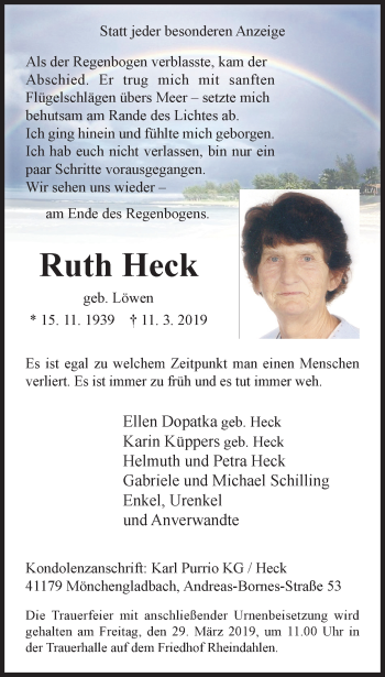 Traueranzeige von Ruth Heck von trauer.extra-tipp-moenchengladbach.de