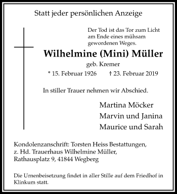 Traueranzeige von Wilhelmine Müller von trauer.extra-tipp-moenchengladbach.de