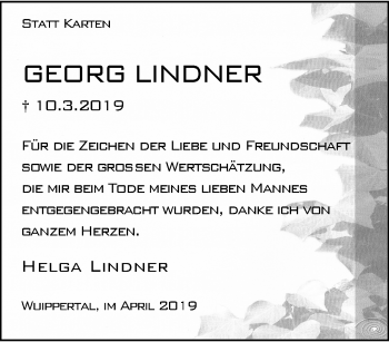 Traueranzeige von Georg Lindner von trauer.wuppertaler-rundschau.de