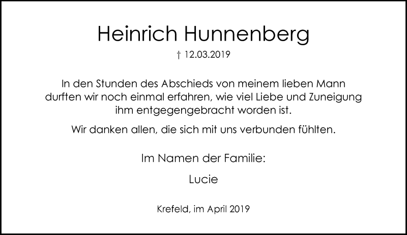  Traueranzeige für Heinrich Hunnenberg vom 07.04.2019 aus trauer.mein.krefeld.de