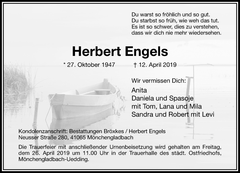  Traueranzeige für Herbert Engels vom 21.04.2019 aus trauer.extra-tipp-moenchengladbach.de