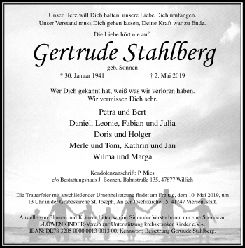 Traueranzeige von Gertrude Stahlberg von trauer.extra-tipp-moenchengladbach.de