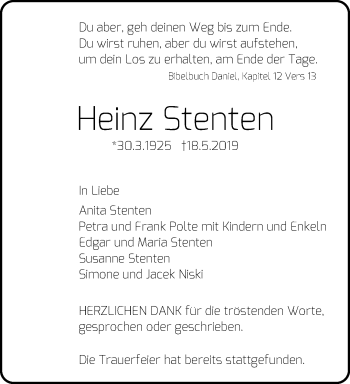 Traueranzeige von Heinz Stenten von trauer.mein.krefeld.de