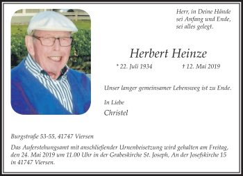 Traueranzeige von Herbert Heinze von trauer.extra-tipp-moenchengladbach.de