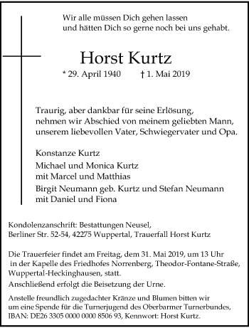 Traueranzeige von Horst Kurtz von trauer.wuppertaler-rundschau.de