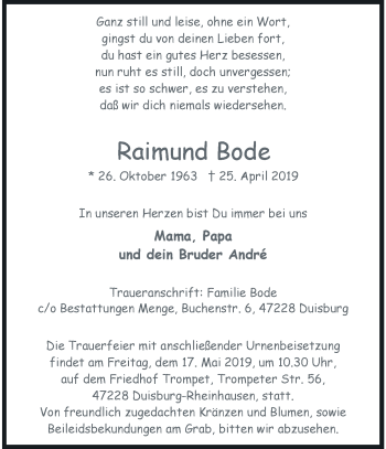 Traueranzeige von Raimund Bode von trauer.stadt-panorame.de