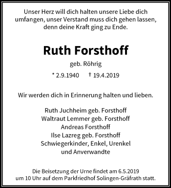 Traueranzeige von Ruth Forsthoff von trauer.wuppertaler-rundschau.de