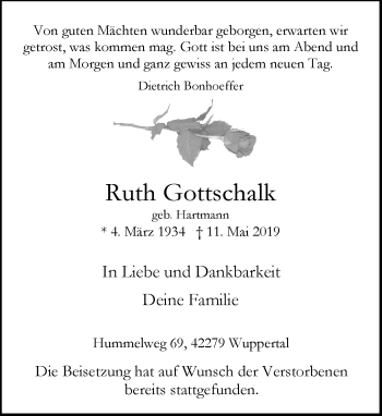 Traueranzeige von Ruth Gottschalk von trauer.wuppertaler-rundschau.de