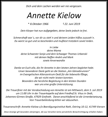 Traueranzeige von Annette Kielow von City Anzeigenblatt Krefeld