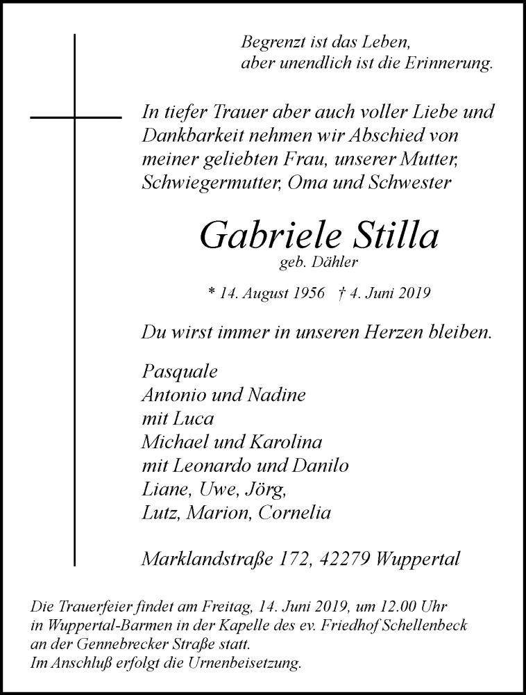  Traueranzeige für Gabriele Stilla vom 08.06.2019 aus trauer.wuppertaler-rundschau.de