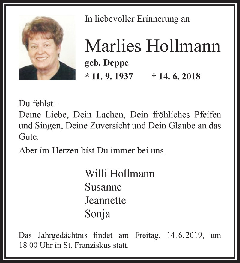  Traueranzeige für Marlies Hollmann vom 09.06.2019 aus trauer.extra-tipp-moenchengladbach.de
