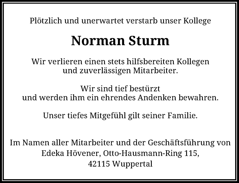  Traueranzeige für Norman Sturm vom 08.06.2019 aus trauer.wuppertaler-rundschau.de
