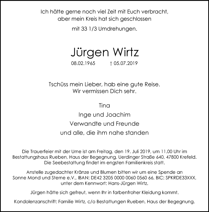  Traueranzeige für Jürgen Wirtz vom 14.07.2019 aus trauer.mein.krefeld.de
