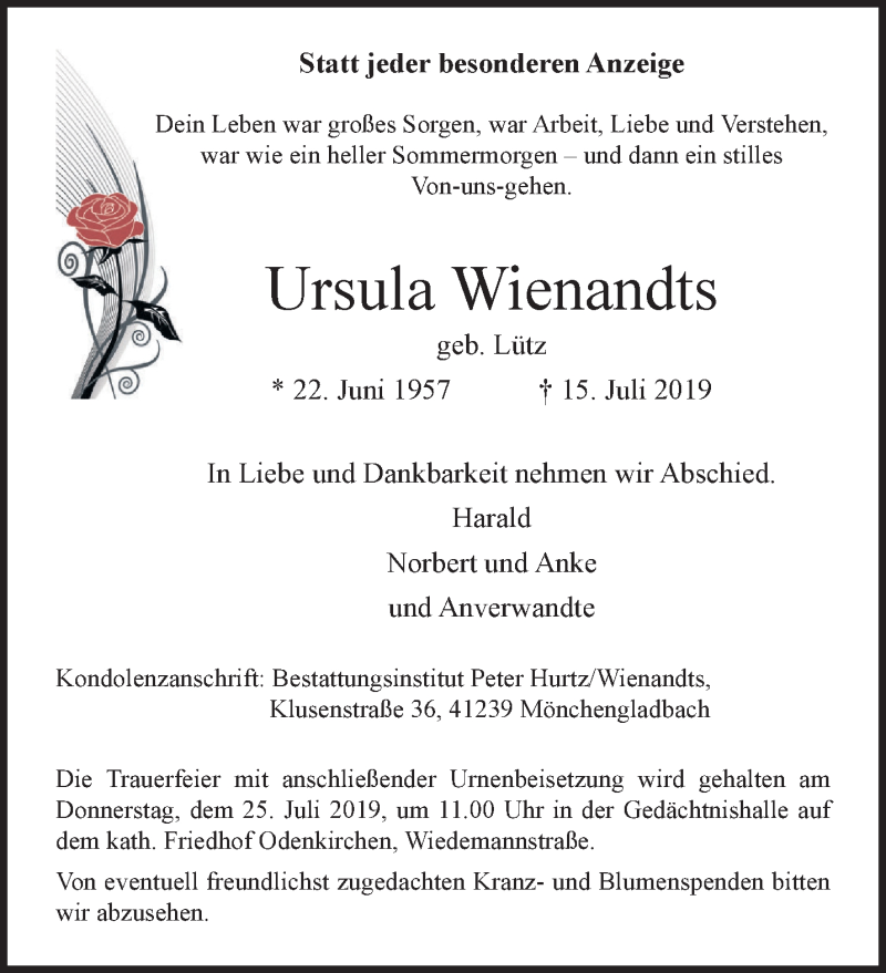  Traueranzeige für Ursula Wienandts vom 21.07.2019 aus trauer.extra-tipp-moenchengladbach.de