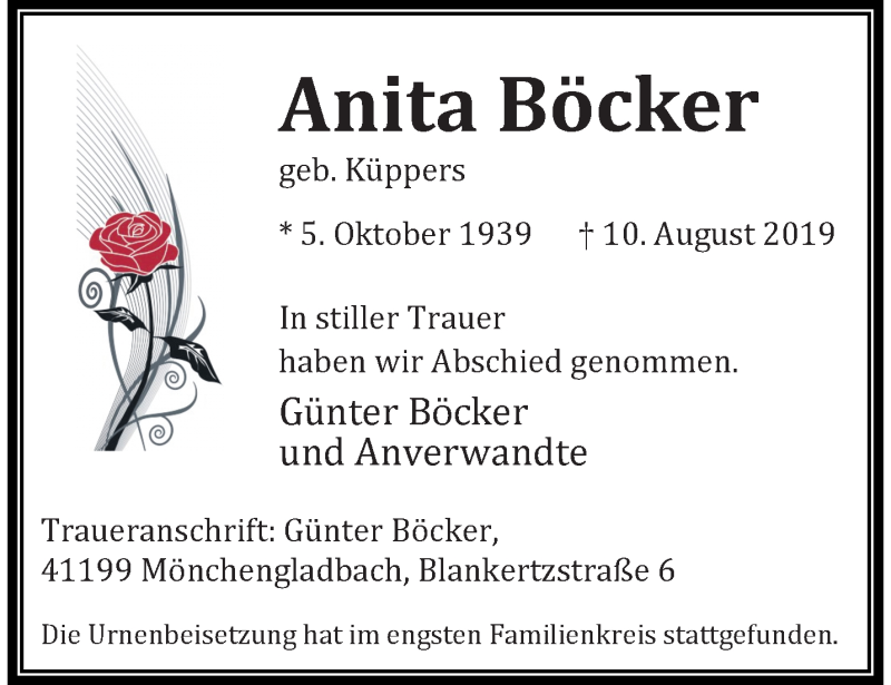  Traueranzeige für Anita Böcker vom 25.08.2019 aus trauer.extra-tipp-moenchengladbach.de