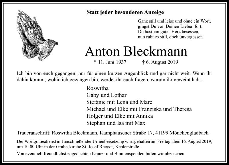 Traueranzeige für Anton Bleckmann vom 11.08.2019 aus trauer.extra-tipp-moenchengladbach.de