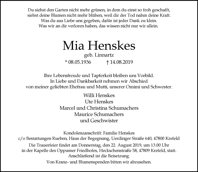  Traueranzeige für Mia Henskes vom 18.08.2019 aus trauer.mein.krefeld.de