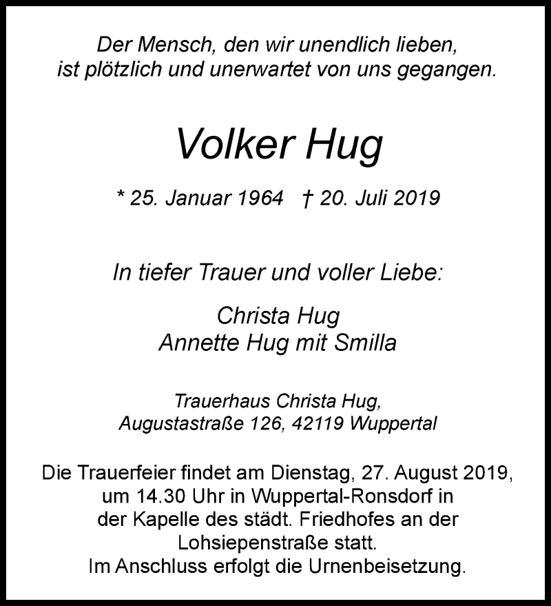  Traueranzeige für Volker Hug vom 10.08.2019 aus trauer.wuppertaler-rundschau.de