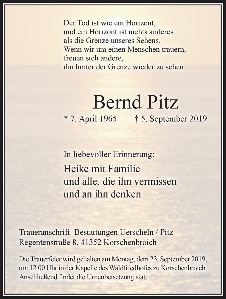  Traueranzeige für Bernd Pitz vom 15.09.2019 aus trauer.extra-tipp-moenchengladbach.de