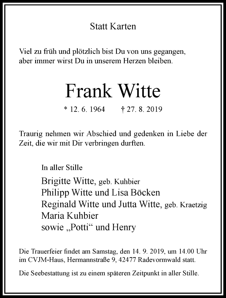  Traueranzeige für Frank Witte vom 11.09.2019 aus trauer.wuppertaler-rundschau.de