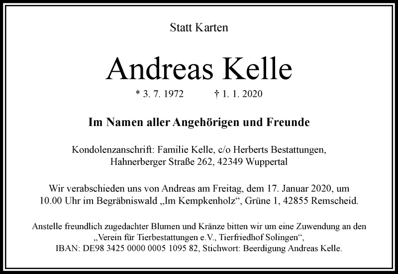  Traueranzeige für Andreas Kelle vom 11.01.2020 aus trauer.wuppertaler-rundschau.de