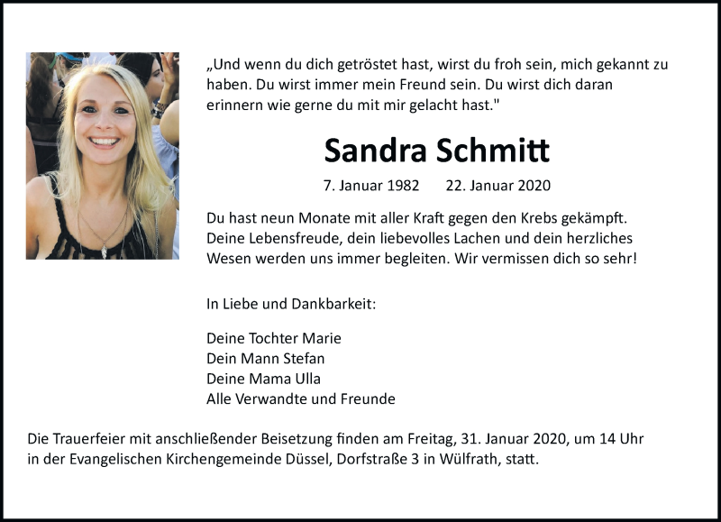  Traueranzeige für Sandra Schmitt vom 29.01.2020 aus trauer.wuppertaler-rundschau.de