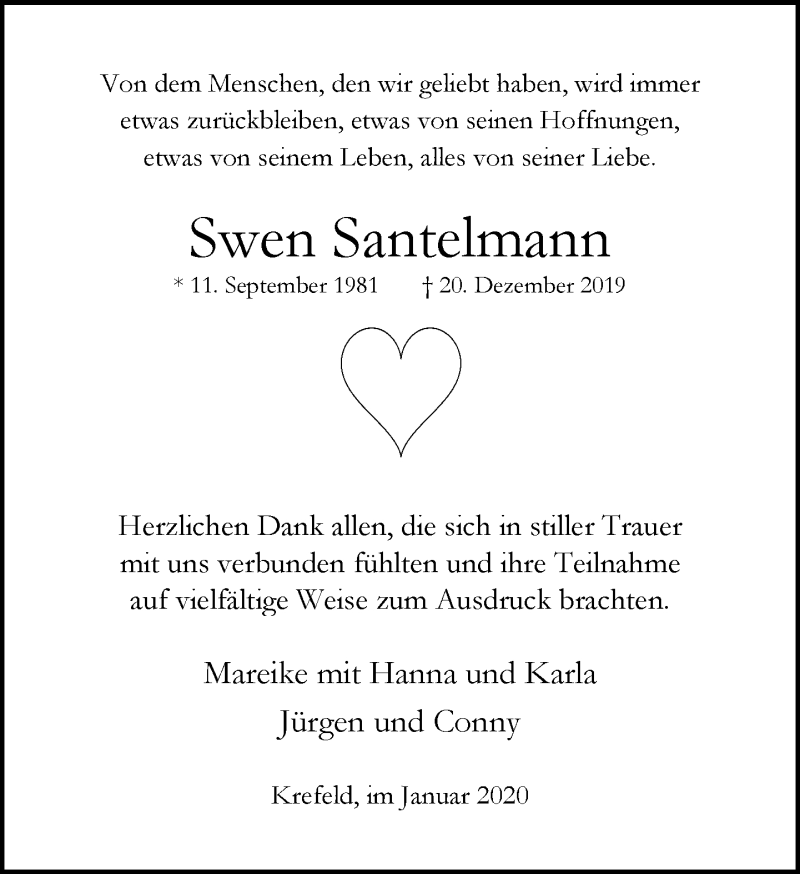  Traueranzeige für Swen Santelmann vom 12.01.2020 aus trauer.mein.krefeld.de