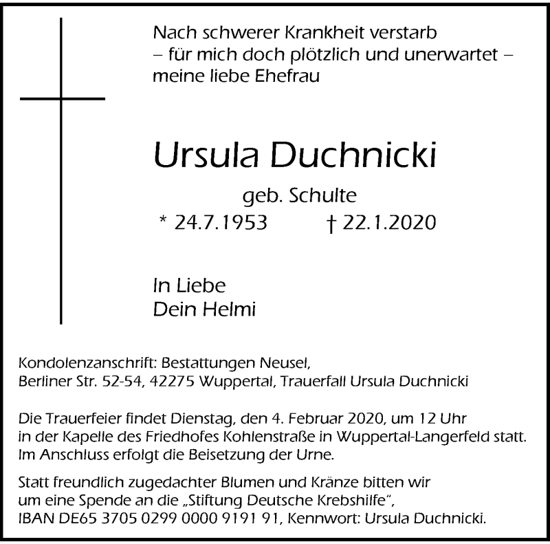  Traueranzeige für Ursula Duchnicki vom 25.01.2020 aus trauer.wuppertaler-rundschau.de