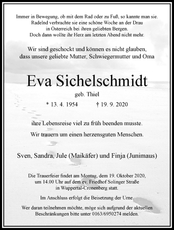 Traueranzeige von Eva Sichelschmidt von trauer.wuppertaler-rundschau.de