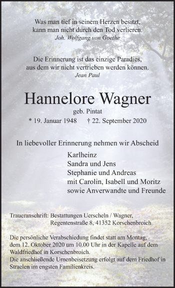 Traueranzeige von Hannelore Wagner von trauer.extra-tipp-moenchengladbach.de