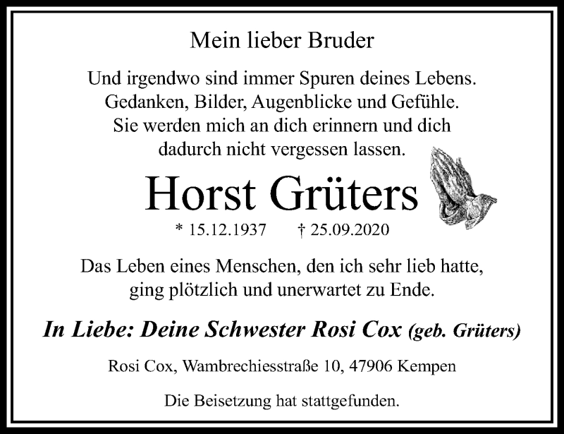  Traueranzeige für Horst Grüters vom 11.10.2020 aus trauer.mein.krefeld.de