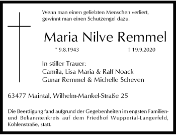 Traueranzeige von Maria Nilve Remmel von trauer.wuppertaler-rundschau.de