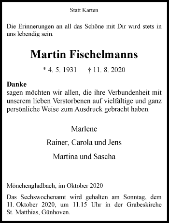 Traueranzeige von Martin Fischelmanns von trauer.extra-tipp-moenchengladbach.de