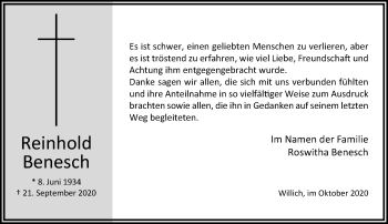 Traueranzeige von Reinhold Benesch von trauer.extra-tipp-moenchengladbach.de