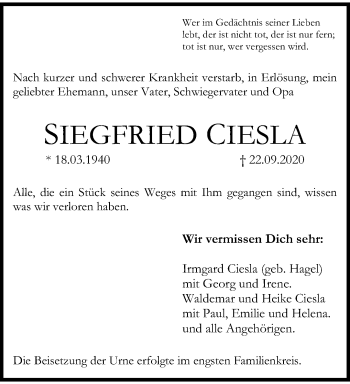 Traueranzeige von Siegfried Ciesla von trauer.wuppertaler-rundschau.de
