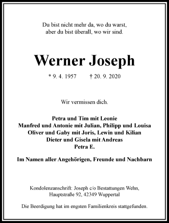 Traueranzeige von Werner Joseph von trauer.wuppertaler-rundschau.de