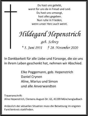Traueranzeige von Hildegard Hespenstrich von trauer.extra-tipp-moenchengladbach.de
